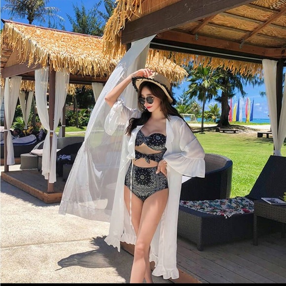 Black White Paisley Bandana Print Monokini One Piece Bathing Suit size L small - Picture 4 of 17